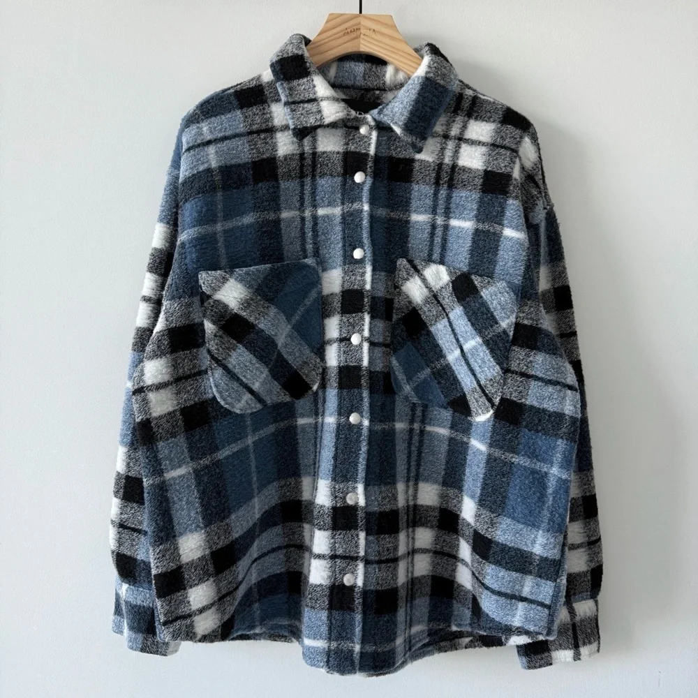 ZARA Blue Plaid Wool Blend Shacket Oversized Snap Button Jacket S - Picture 5 of 16